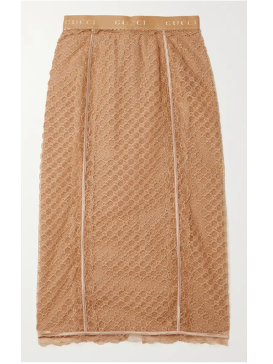 Gucci Silk-blend satin-trimmed lace midi skirt