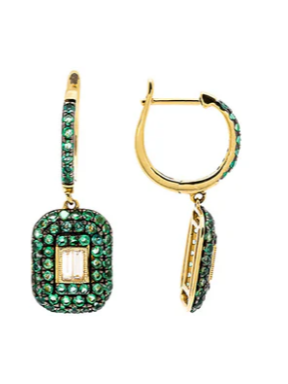 Wish Fine Jewelry Diamond Emerald 18K Gold Pave Round Baguette Drop Earrings (In Store)