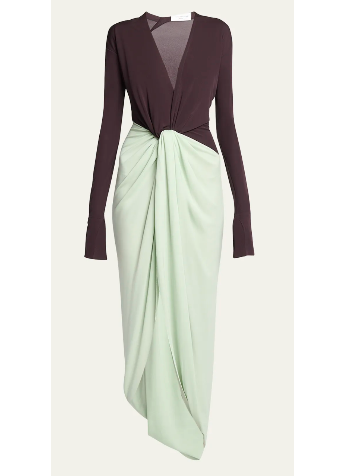 Victoria Beckham Knotted gathered two-tone jersey gown (In Store)