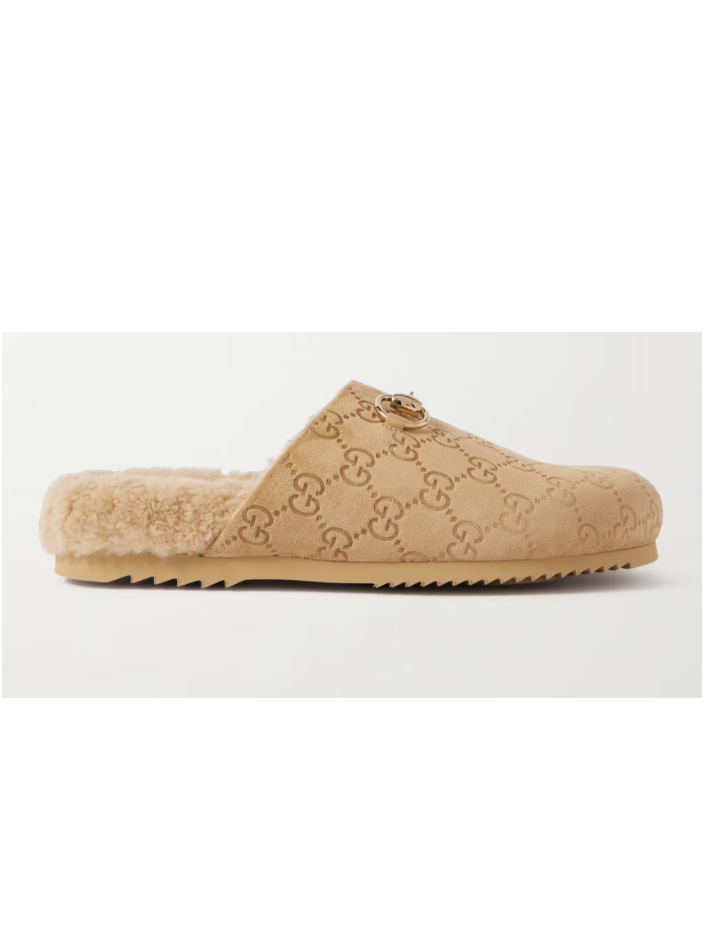 Gucci Sol horsebit-detailed debossed shearling-trimmed suede slippers (In Store)