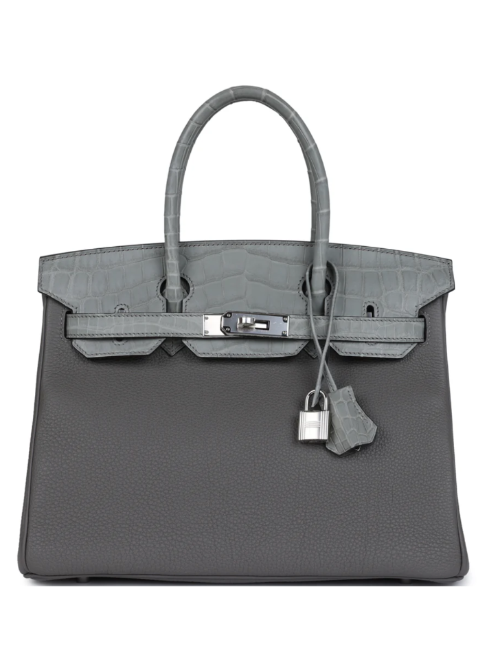 HERMÈS Hermès Birkin 30 Gris Ciment Matte Niloticus Crocodile and Gris Meyer Togo Touch Palladium Hardware (In Store)