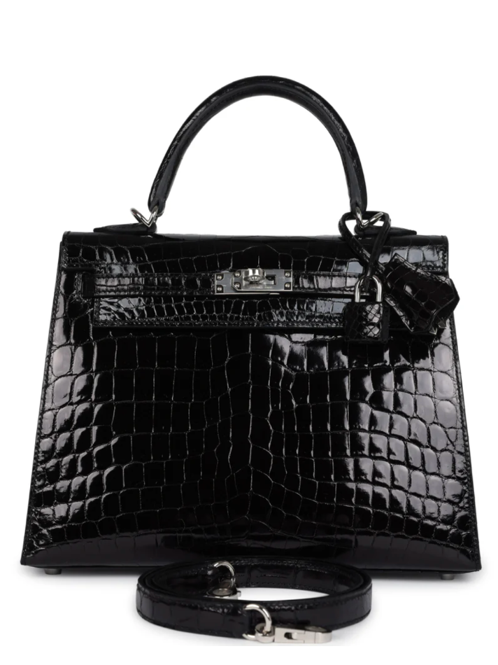 HERMÈS Hermès Kelly Sellier 25 Black Shiny Niloticus Crocodile Palladium Hardware (In Store)