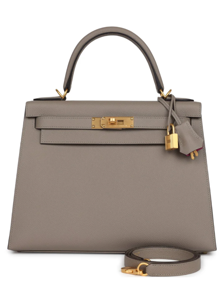 HERMÈS Hermès Special Order (HSS) Kelly Sellier 28 Gris Asphalte Verso Epsom Brushed Gold Hardware (In Store)