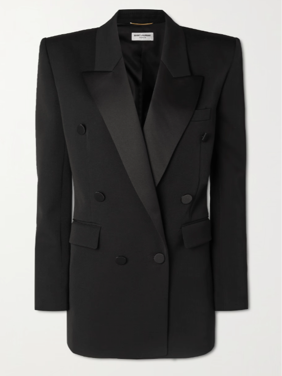 Saint Laurent Double-breasted satin-trimmed grain de poudre wool blazer (In Store)