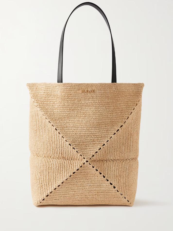 Loewe + Paula's Ibiza Puzzle Fold Large Leather-Trimmed Raffia Tote Bag
