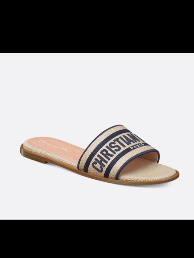 Dior Dway Slide Natural Raffia and Deep Blue Embroidered Cotton