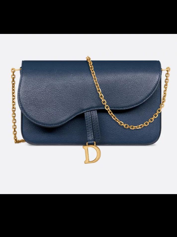 Dior Medium Saddle Pouch with Chain IN Deep Ocean Blue Goatskin