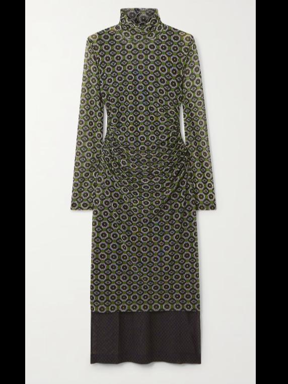 Dries Van Noten Layered printed mesh turtleneck midi dress