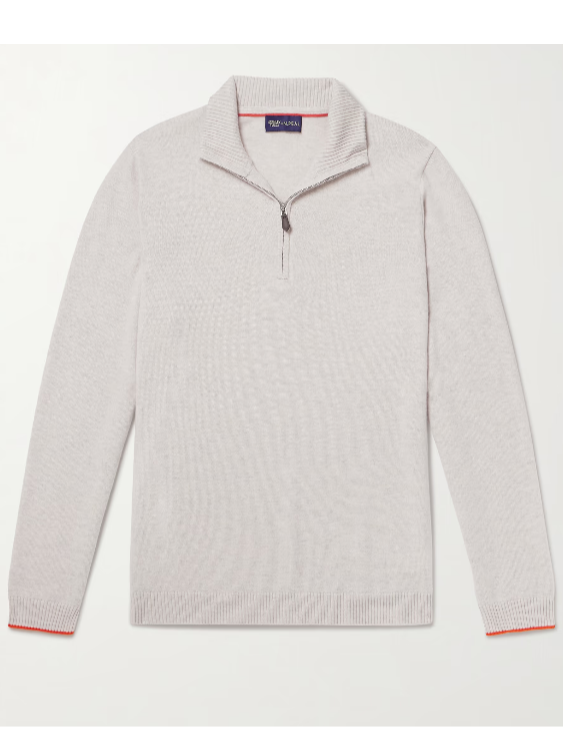 N.Peal Stanley Tucci Leather-Trimmed Cashmere Half-Zip Sweater