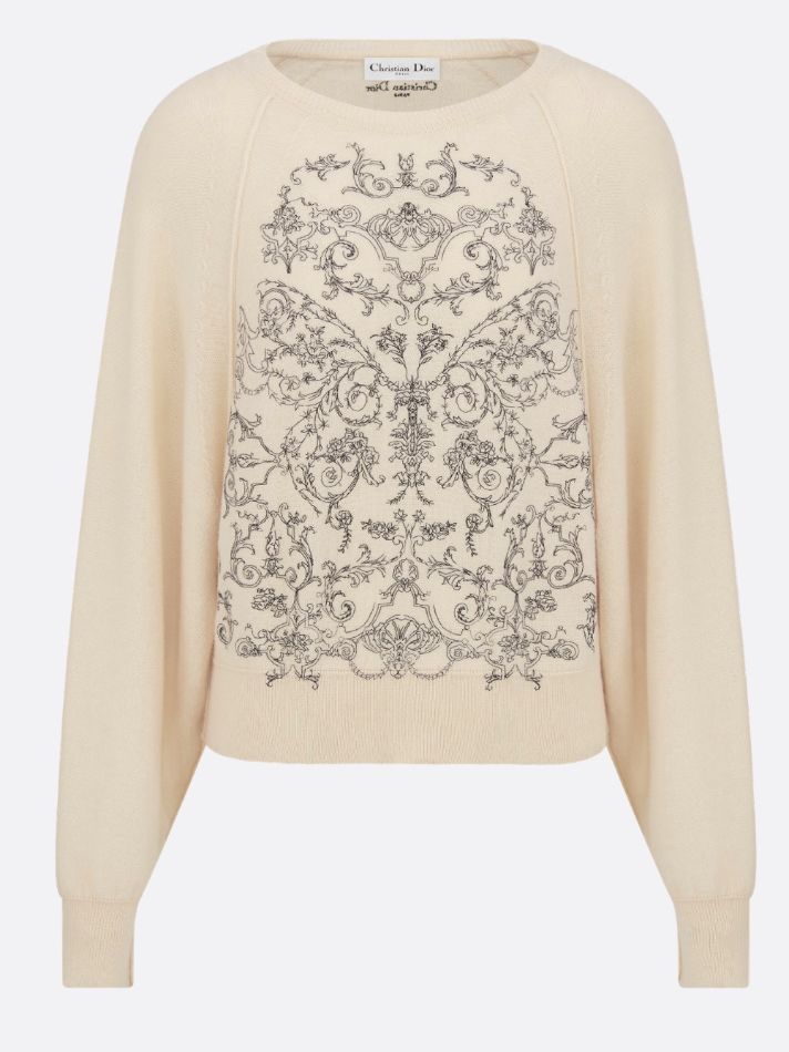 Dior Ecru Cashmere Knit with Black Dioresque Butterfly Motif Embroidered Sweater