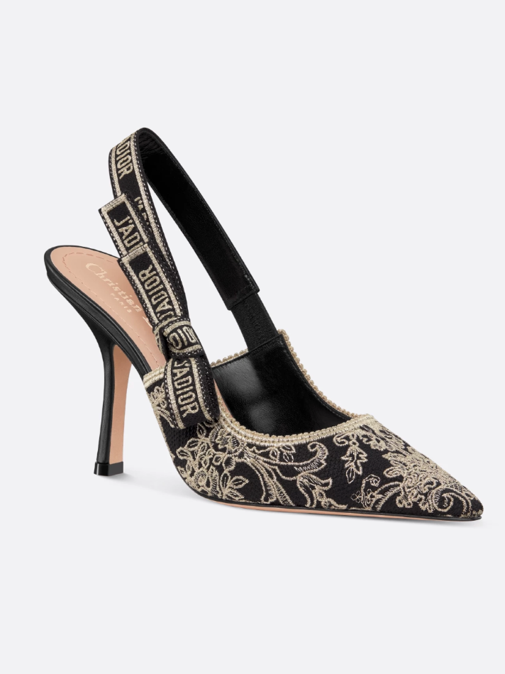 Dior Black Cotton Embroidered with Floral Motif in Gold-Tone Metallic Thread J'Adior Slingback Pump - Women's Shoes