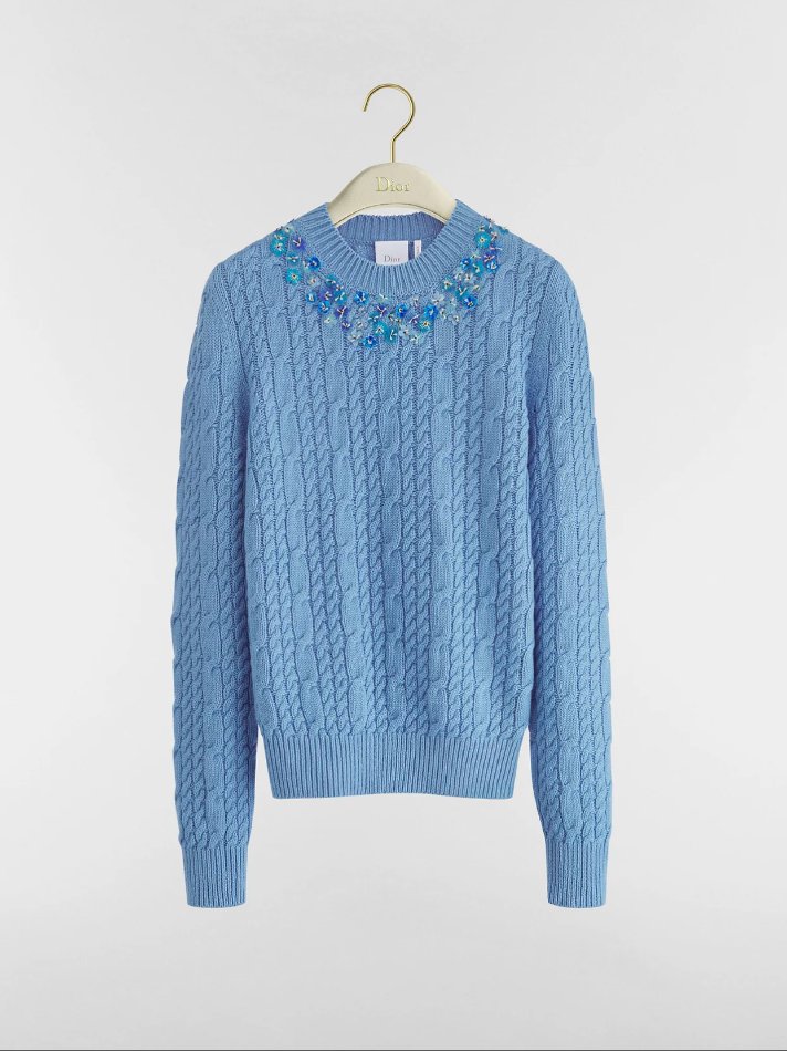 Dior Embroidered Sweater Blue Cashmere Cable-Knit with Three-Dimensional Flowers