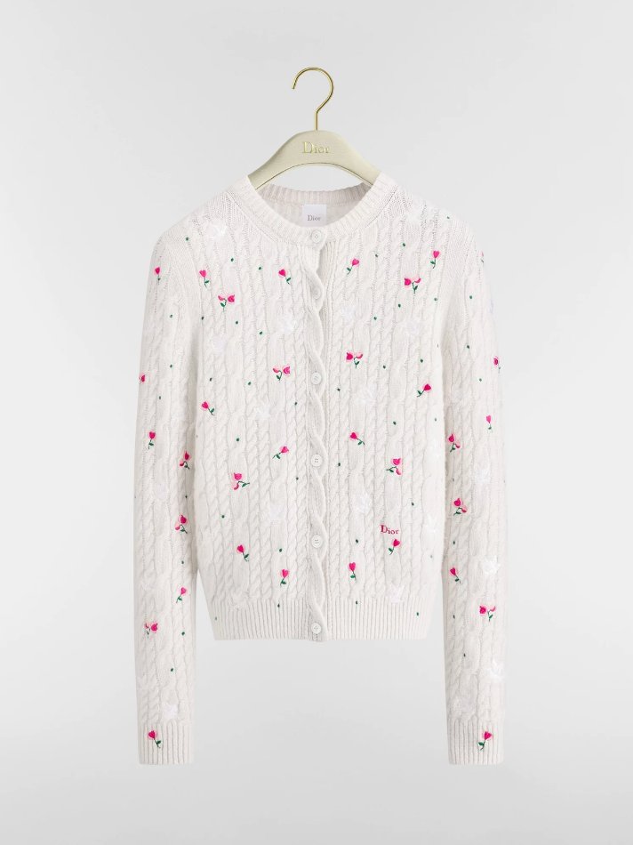 Dior Dioramour Embroidered Cardigan Ecru Cashmere Cable-Knit with Multicolor Doves & Roses Motif