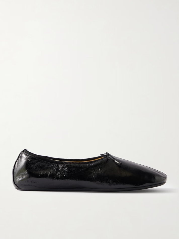 Phoebe Philo Bow-detailed gathered glossed crinkled-leather ballet flats
