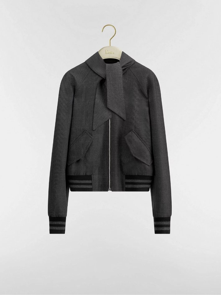 Zipped Jacket in Gray Prince of Wales Virgin Wool and Cashmere